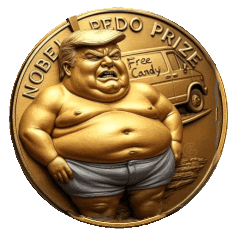  A gold coin spins around that resembles the Nobel Peace Prize but it has a man Resembling Donald Trump in A diaper by the a candy truck