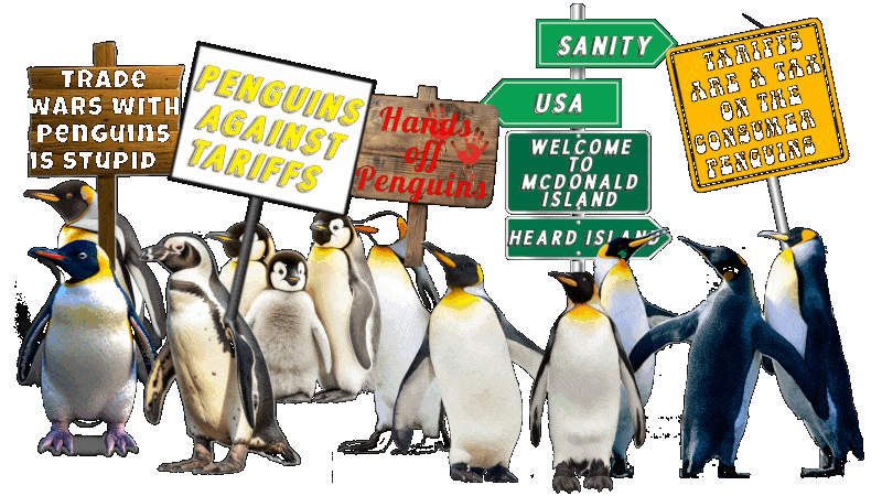 A Bunch of Penguins protesting about tariffs waving signs