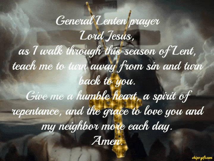 A gold crossd swings in the wind as jesus on the cross rises and comes in to focus with a beutiful prayer for lent