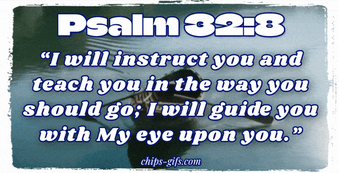An empty row boat rows itself up a calm lake with the bible verse Psalms 32:8 I will instruct you and teach you in the way you should go