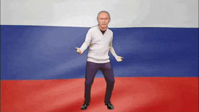 putin dancing on a russian flag then he gets lit up by a ray gun and smashed by a wrecking ball