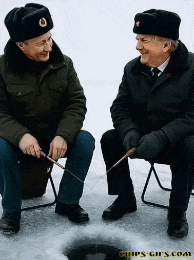 Donald Trump dressed like a russian soldier is ice fishing with putin when Zelenski jackhammers the ice,Trump & putin try to run but get swallowed up by the ice