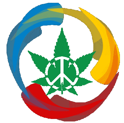 a rainbow Of color swirling around a pot leaf with a Peace sign in the middle