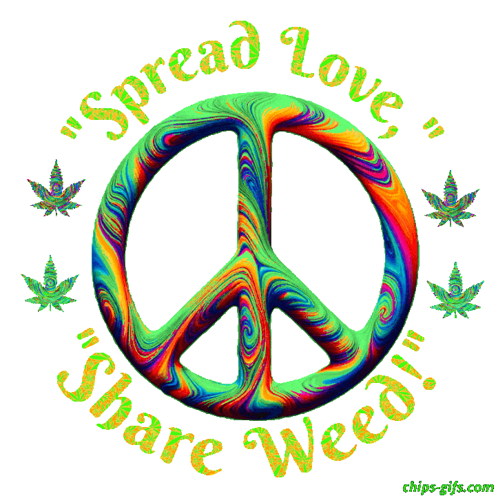 A peaceful scene of a cannabis plant with a heart symbol and the Jingle that says 'Spread Love Share Weed'