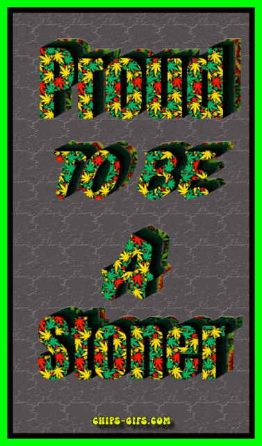 a vertically tall animated design with bold text in the center that alternates between a weed‑leaf pattern and a stone‑texture pattern, while the background swaps to the opposite pattern on each cycle, all framed by a multicolored border