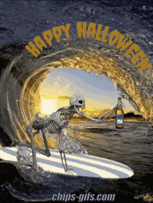  A skeleton surfing on a wave for Halloween