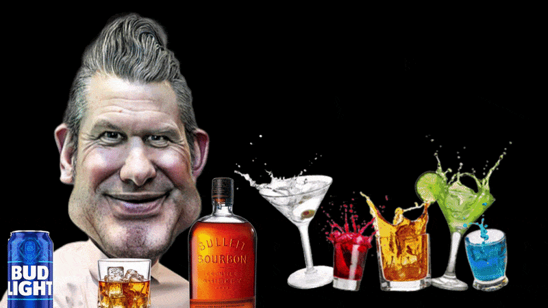 An image of Pete Hegseth With a beer and bottle of liquor changing to RFK Junior with a worm coming out of his head And then Donald Trump standing in front of a pile of money laughing as bills rain down on him