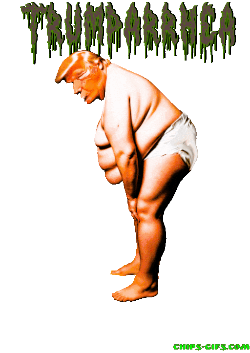  An image of Trump standing with a Golf Club in a diaper that fills up with poop and starts leaking out with the Text 'Trumperia' In bold green type all on a transparent background