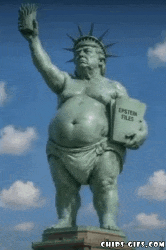 A Trump Statue dressed In a toga holding a Book of the Epstein Files under his arm and Mcdonald's French fries in the air posing like the Statue of Liberty.