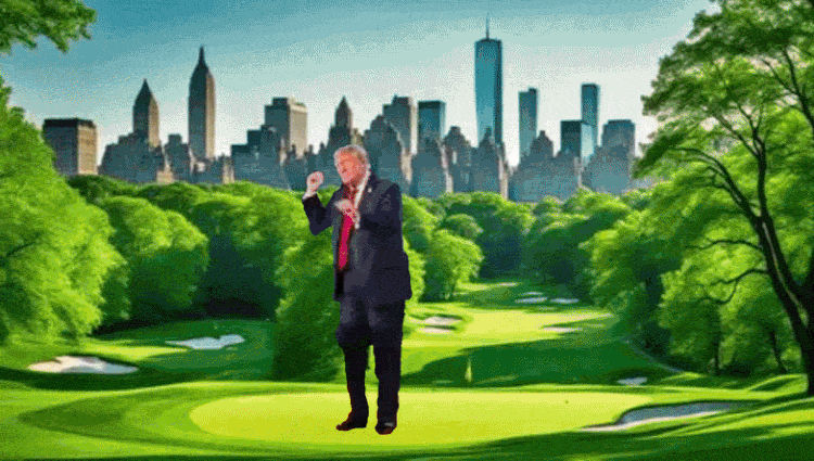  An animated scene of Trump playing golf While 2 planes crash into the city in the background. He keeps playing golf as the rubble lands on top of him Next you see appearing in the cloud of dust two firemen, That look like strippers, carrying Trump between them