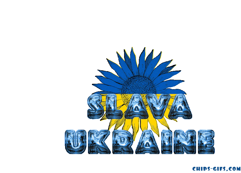 Alternating images of Ukrainian women in traditional dress with yellow-and-blue headdresses, some shown in a wartime pose with blue and yellow face paint, overlaid with shiny bold lettering that says ‘Slava Ukraine,’ all on a transparent background.