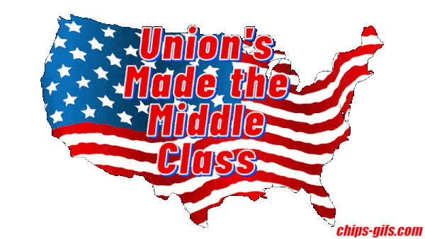 A US flag shaped like the United is waving on top It says 'unions made the middle class' In red white and blue type on a transparent background