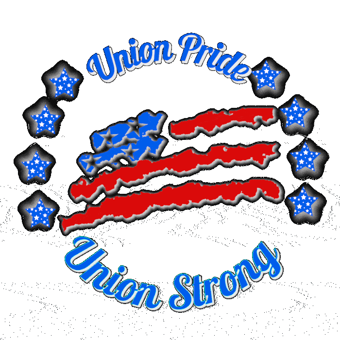 A Patriotic red white and blue designed with bald eagle and raised fist At the top it says Union Pride and unionized flashes in the middle