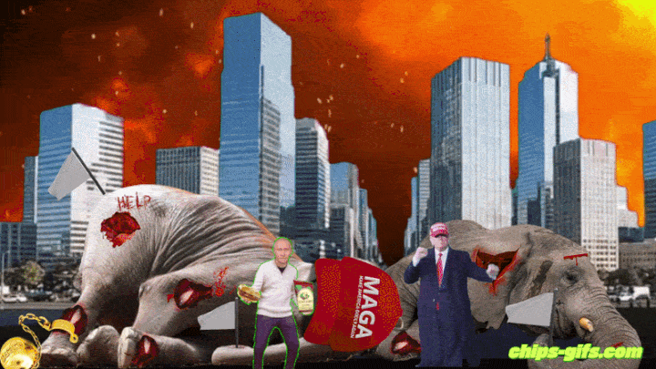 a looping animation set against a fiery moving sky with drifting embers, with a distant cityscape below where stylized explosions flare across the skyline. In the foreground, two symbolic elephant figures Representing the Republican Party lie on the ground With gaping bleeding wounds & holding white flags, one wearing a MAGA hat, with a large gold ball‑and‑chain labeled ‘debt’ attached to one of them. In front of the elephants, animated cutout figures of Putin & Trump perform looping dance motions while Benjamin Netanyahu briefly pops up behind them waving. Smoke in the scene forms animated words 'War criminals' that appear and then drift away before new words 'Must pay' rise through the haze