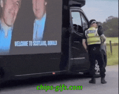  A police officer is standing beside a panel truck that has a picture of Donald Trump and Jeffrey Epstein together on it and reads 'Welcome to Scotland' underneath Then shows the truck driving off with the picture on all four sides