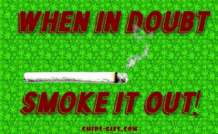  It's a MEME with marijuana joint burning down and In multicolor type it says 'When in doubt, smoke it out' with a Background pattern of marijuana leaves