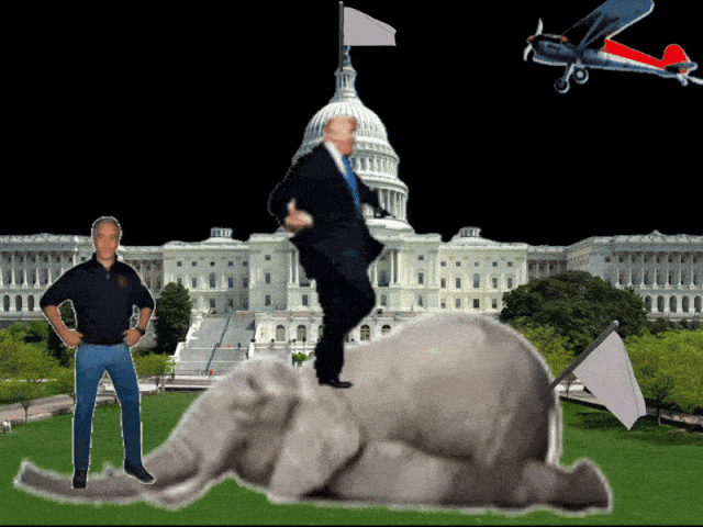  Jeffrey Epstein and Trump dance on an A worn out elephant with a white flag sticking out of his butt In front of the Capitol