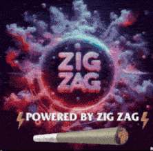  A Package of zig zag rolling papers sits in front of a pattern with a neon green and blue color scheme that says 'zig zag' in bold animated type