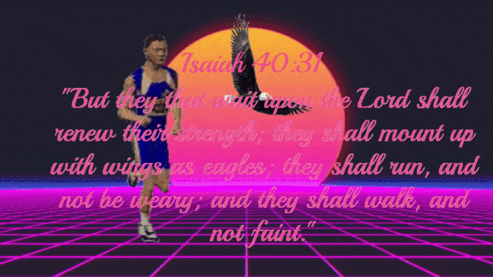  A giant orange sun setting With the eagle flying Beside a man running depicting the message in Bible verse Isaiah_40-31