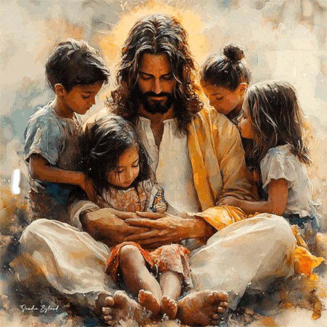  Jesus sitting on the ground playing with children with the Bible verse Matthew 8 Become like children