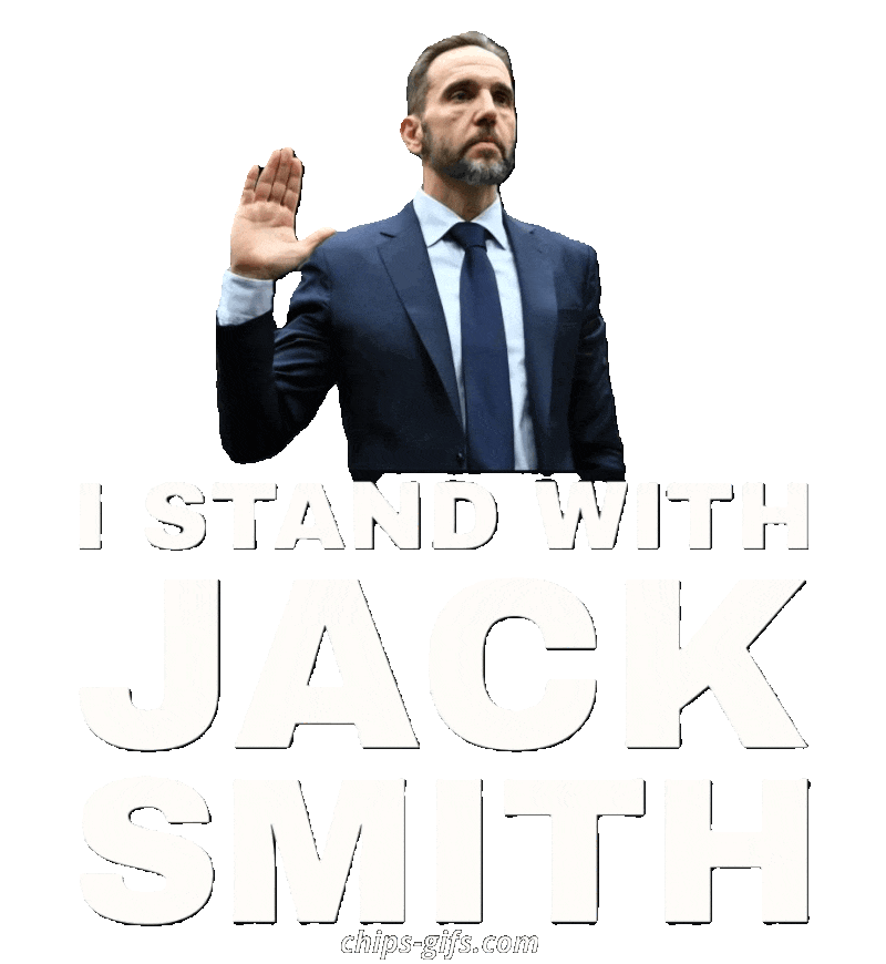 Jack Smith standing behind bold type that reads I stand with Jack Smith With his hand raised to Swear in The type in different colors