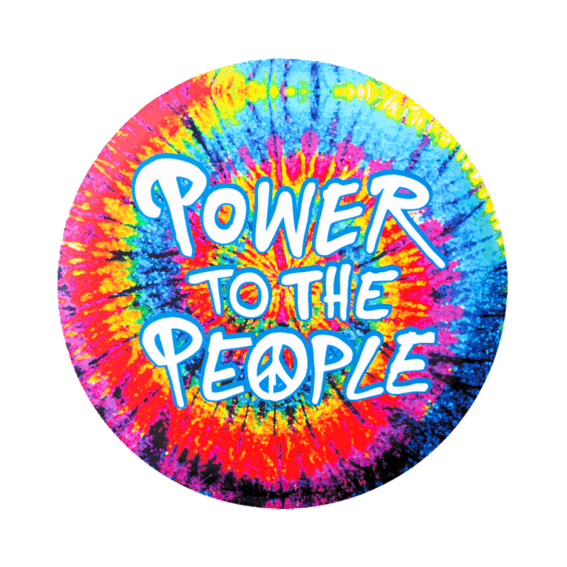 Spinning tie dyed power to the people emblem with a fist pump